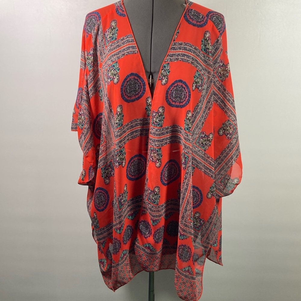 Papermoon Stitch Fix Cover Up Women Size Large Red & Navy Open Front Semi Sheer